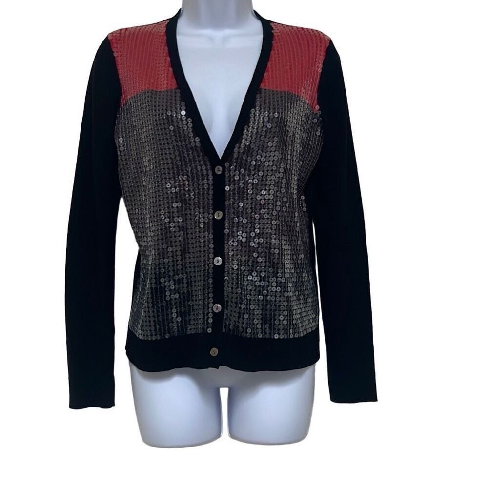 Jones New York Vintage Wool Blend Cardigan Black Red Sequin Colorblock XS NWOT